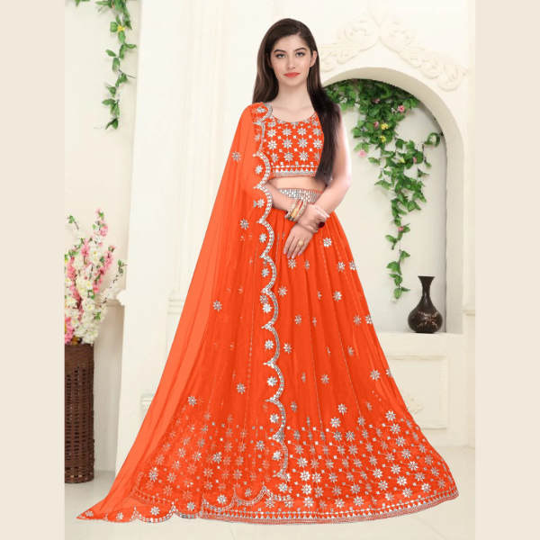 Embroidered Semi Stitched Lehenga Choli (Orange)